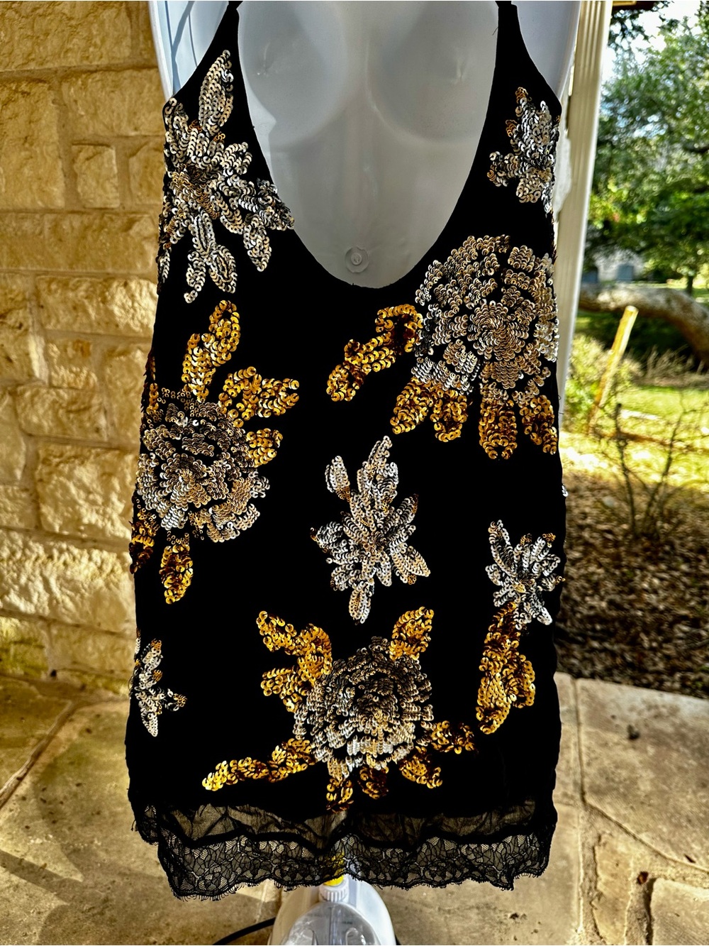 Free People Black Backless Slip Dress with Gold and Silver Floral Sequins - XS - Picture 11 of 13